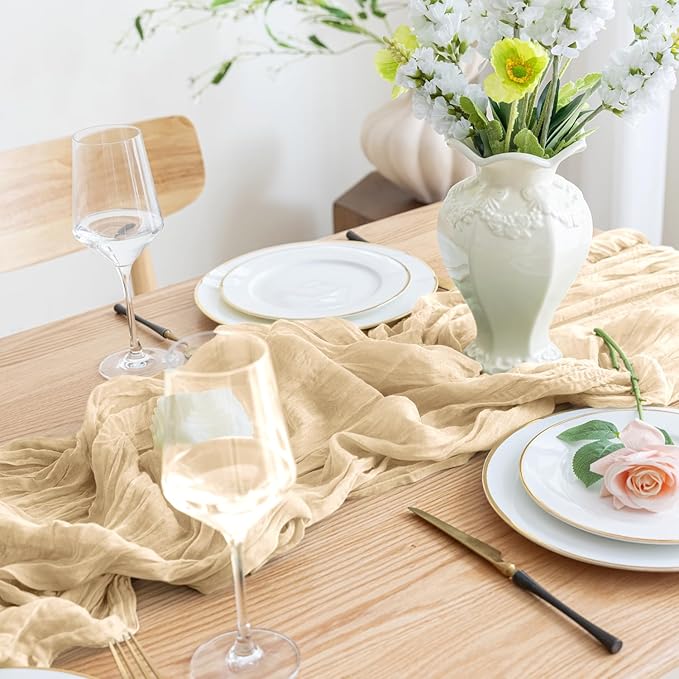 Asee'm 6pcs Cheesecloth Table Runner 120 Inches Long Sand Boho Gauze Cheese Cloth Runner 10FT Rustic Sheer Table Runners for Christmas Wedding Party Baby Shower Spring Easter Decoration