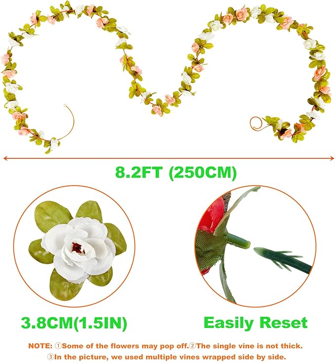 8 Pcs x 8.2 ft Flower Garland Artificial Rose Vine Flowers with Green Leaves Hanging Fake Roses Vine for Room Party Home Wedding Birthday Christmas Wall Arch Decor, Spring Pink Flower