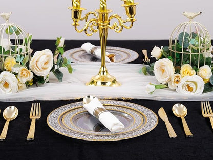 50Guests Pre Rolled Gold Plastic Silverware Sets - Heavy Duty Hammered Gold Cutlery Include 50 Pack Wrapped Disposable Utensils with Napkins for Parties, Dinners & Weddings