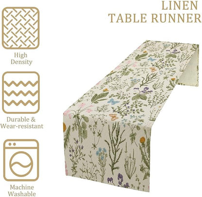 Floral Botanical Table Runner, Garden Spring Flower Botanical Butterfly Animal for Restaurant, Kitchen, Wedding, Party Rectangular Table Runner Decoration,13in（33cm） W * 120in（305cm） L