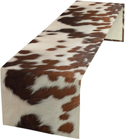 Farmhouse Cow Skin Print Table Runner, Safari Wildlife Brown Country Farm Cowhide Pattern Cotton Linen Rustic Cottage Table Runner for Dinning Home Party Holidays Home Setting, 13x120 Inch