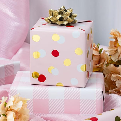 Burymento Red Gold Dots Wrapping Paper, Reversible Pink Lattice Design Gift Wrap for Baby Shower, Birthday, Valentines, Mothers day, Graduation, Wedding, Fathers day, Christmas (17 Inch X 32.8 Feet)