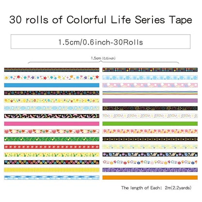 30 Rolls Colorful Theme Washi Tape Set with Different Colorful Patterns, Writable Decorative Tapes for Scrapbooking, Bible Journaling, Bullet Journaling, 0.6'' x 79'' per Roll