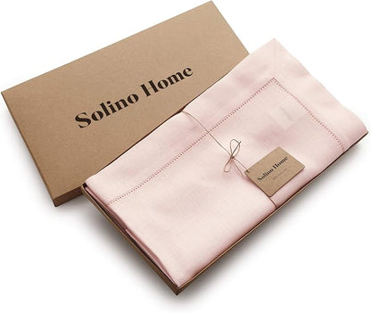 Solino Home Linen Tablecloth 60 x 108 Inch - Classic Hemstitch 100% Pure Linen Pink Table Cloth for Rectangle Tables - Machine Washable Tablecloth for Halloween