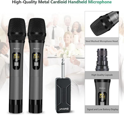 Wireless Microphone, Bietrun UHF Metal Dual Handheld Cordless Dynamic Mic System with Rechargeable Receiver, 1/4‘’Output, for Karaoke, Church, Speech, Wedding, Party Singing(160 ft Range)-Auto Connect