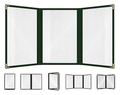 Goodsmart Restaurant Menu Covers – 25 Pack Green 6-View Trifold 8.5" x 11", Side-Loading Vinyl & Plastic Menu Holders, Clear Menu Sleeves, Leather-Style Café Covers with Gold Corners