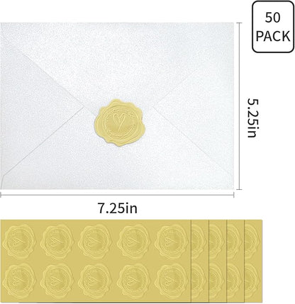 50 PCS Pearl White A7 Envelopes with Stickers, Shimmering 5x7 Envelopes for Invitations, Great for Wedding Invitation Cards, Birthday RSVP, Graduation, Baby Shower 5.25 x 7.25 inches