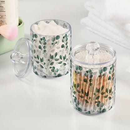 Qtip Holder Dispenser 2 Pack Green Watercolor Floral Leaves Apothecary Jars with Lids Bathroom Vanity Countertop Canister Storage Organizer for Cotton Ball,Swabs,Pads,Floss