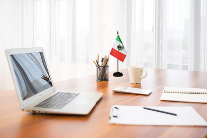 Mexico Mexican Deluxe Desk Flag Set Small Mini Miniature Mexico Mexican Table Desktop Flags With Solid Pole, Black Base and Spear Top(2 Pack)