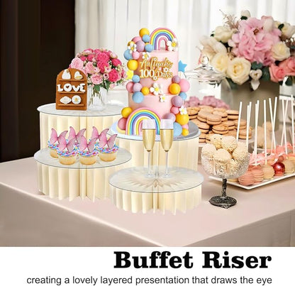 Albassa 4 PCS Buffet Risers Food Risers for Buffet Table Foldable Cardboard Food Display Stands with PVC Plates for Party Wedding Show Catering Desserts Jewelry (White, 4 PCS)