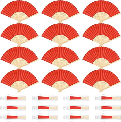 12 Pieces Red Hand Held Bamboo Folding Fans Paper Fans Handheld for Women Foldable Girls Wedding DIY Decoration Church Home Party Favors Summer
