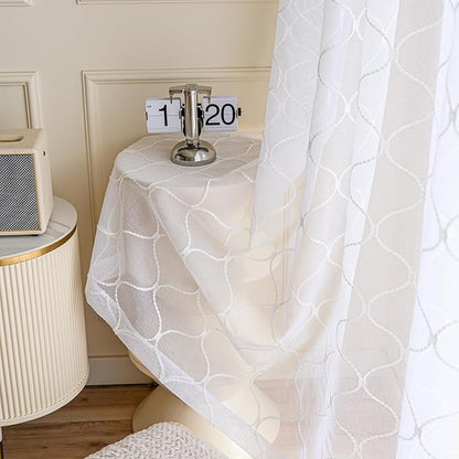 Sheer Curtains White 45 Inches,Wavy Diamond Embroidered Rod Pocket Voile Drapes for Living room, Bedroom, Window Treatments Semi Crinkle Curtain Panels for Yard, Patio, Parlor, 2 Panels, 52"x 45".