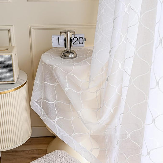 Sheer Curtains White 45 Inches,Wavy Diamond Embroidered Rod Pocket Voile Drapes for Living room, Bedroom, Window Treatments Semi Crinkle Curtain Panels for Yard, Patio, Parlor, 2 Panels, 52"x 45".