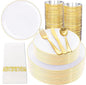 NOCCUR 350PCS Gold Disposable Dinnerware Set for 50 Guests - White and Gold Plastic Plates Include 50 Dinner/Dessert Plates, 150 Silverware and 50 Napkins/Cups Ideal for Fall Party&Thanksgiving