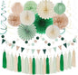 Olive-Sage Green Beige Champagne-Gold Party-Decorations - 33pcs Rustic Banner,Streamers Tassel Garland,Tissue Pom Poms,Paper Lantern Fans,Boho Neutral Baby Shower Birthday Bridal Decor Hugtmr