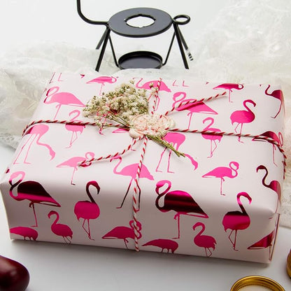 WRAPAHOLIC Wrapping Paper Roll - Mini Roll - 17 Inch X 33 Feet - Pink with Fuschia Foil Flamingo for Wedding, Birthday, Holiday, Baby Shower