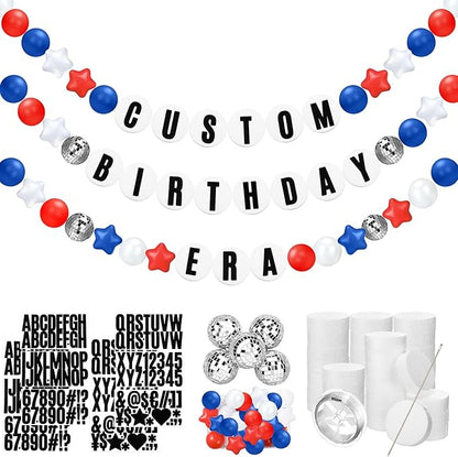 Giant Friendship Bracelet Garland Kit, DIY Birthday Banner with Letters Ball Jumbo Customizable Friendship Bracelet Decor for Halloween Christmas Wedding Party(White, Red, Blue)