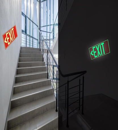 2Pack Photoluminescent Exit Sign Sticker, Glow In The Dark EXIT Signs, 12"x 7" EXIT Signs with Self-Adhesive Backing, Includes 4pcs Removable Arrows