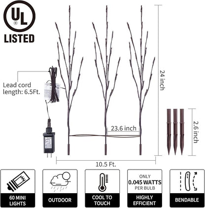 Lighted Branches for Vases Plug in - 3 Pack 24Inch 60 LED Christmas DIY Twig Pathway Lights, Artificial Tree Bendable Xmas Fairy Lights with Stakes for Outdoor Indoor Party Decoration, Multicolor