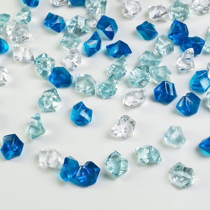 HappyFiller 14 OZ Faux Crystal Acrylic Gems Ice Rock Stones Blue,Clear Mix for Glass Vase Fillers,Art Crafts, Aquarium Fish Tank,Floral Display,Table Scatter,Boy Bluey Birthday Party Decor,Home Accent