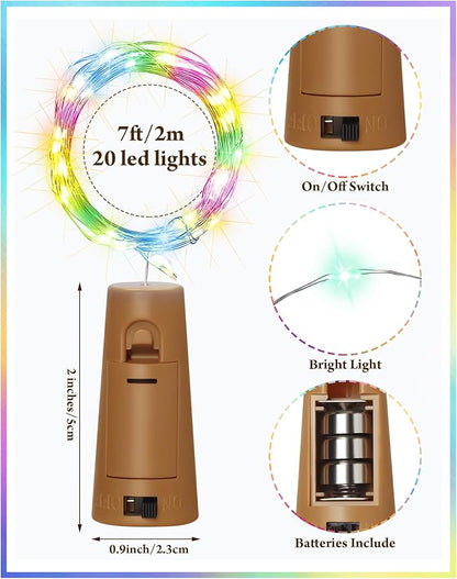Hortsun 60 Pack Wine Bottle Lights with Cork Fairy Mini String Lights Battery Operated Mini Waterproof 7 ft Silver Wire 20 Led Cork Shape for Christmas, DIY, Party, Decor, Wedding, Bar (Multicolor)