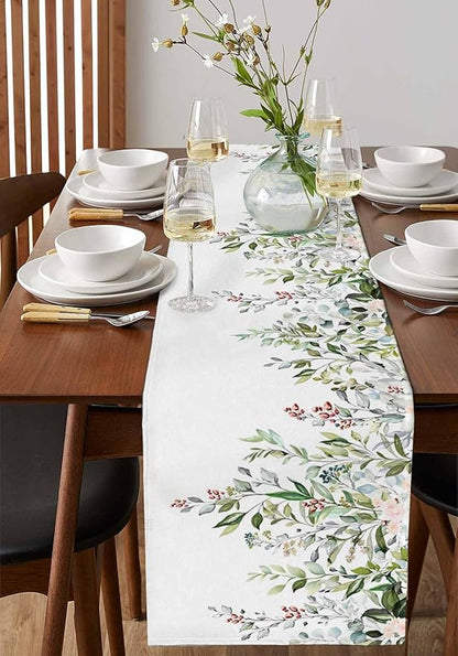 Botanical Eucalyptus Cotton Linen Table Runner for Dining Kitchen, Wedding Outdoor Party Tablerunners Decoration, Sage Green Leaves Elegant Floral Dresser Scarf Coffee Tablecloth Runners 13x60 Inches