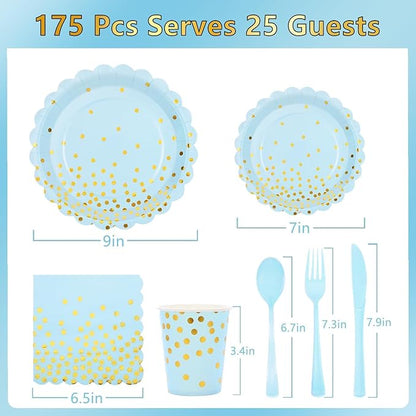 Blue and Gold Party Decorations 175PCS Light Blue Paper Plates and Napkins and Cups With Blue Plastic Forks Knives Spoons for Wedding Birthday Party Baby Shower Decorations Boy