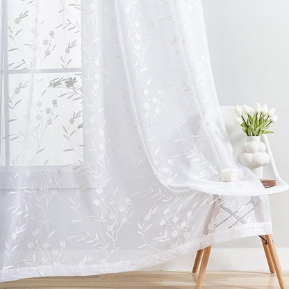 Embroidery Sheer Curtains White 95 Inches, Floral Pattern Window Treatments Rod Pocket Drapes for Living room, Bedroom, Semi Voile Curtain Panels for Yard, Patio, Villa, Parlor, Set of 2, 52"x 95".