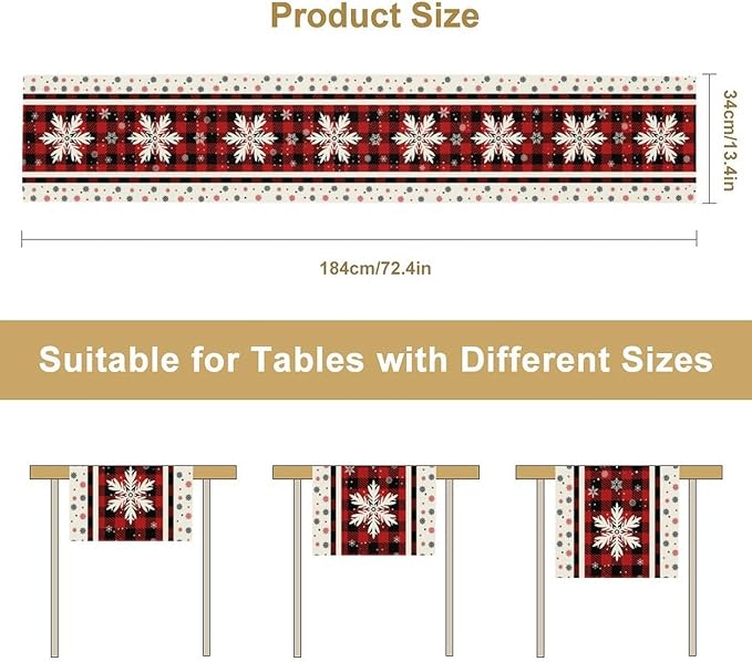 Snowflakes Christmas Table Runner,Red Buffalo Plaid Seasonal Winter Kitchen Dining Table Decoration for Home Party Decor 13x60 Inch