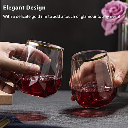 40 count Diamond Unbreakable Stemless Plastic Wine Champagne Whiskey Glasses Elegant Durable Disposable Indoor Outdoor Home office wedding bars 12 Ounce (Classic Old Fashioned Gold Rim)
