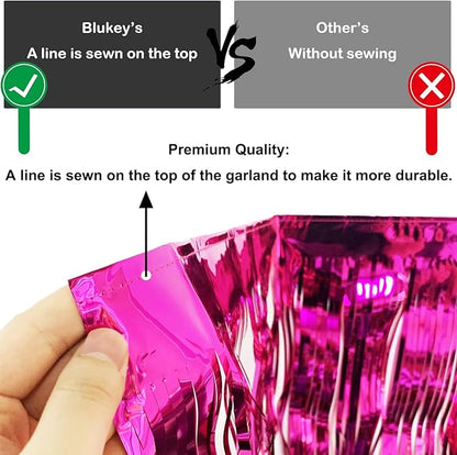 Thick 10 feet by 15 inches Fuchsia Foil Fringe Garland - Pack of 3 | Shiny Metallic Tassle Banner for Car Parade Floats, Wedding, Birthday | Wall Hanging Fringe Garland Banner (Fuchsia)