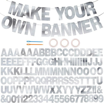 BEISHIDA Double-sided Silver 116 PCS DIY Letter Banner Kit Make Your Own Banner,Including 111 Letters and Numbers 3 Rope and 9 Threading Device,Customized for Birthday Graduation Wedding Decor