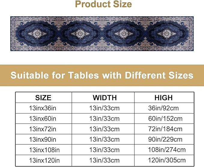 Vintage Boho Floral Table Runner, Rustic Country Farmhouse Dark Blue Grey Retro Flower Pattern for Home Kitchen Table Decor Dining Coffee Room Party Decor 13x108in