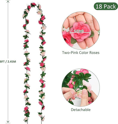KHOYIME 18 Pack 144 FT Artificial Flower Garland, Fake Pink Roses Vines Silk Flowers Faux Plastic Outdoor Hanging Floral Ivy Garland Decoration for Wedding Arch Bedroom Home Wall Backdrop Room Decor