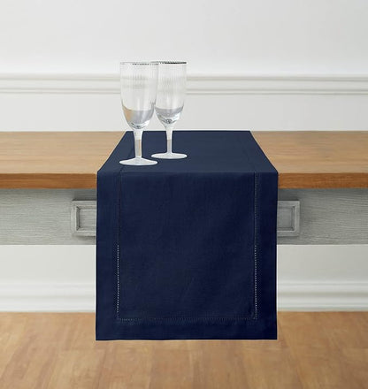 Solino Home Navy Blue Table Runner 132 Inches Long - Cotton Linen Hemstitch Extra Long Table Runner 14 x 132 Inch for Fall, Autumn, Thanksgiving, Christmas, Holiday