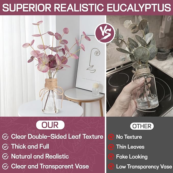 Artificial Eucalyptus Stems in Glass Vase with Faux Water, 15" Small Bathroom Greenery with Double-Sided Red Leaves, Farmhouse Office Decor, Realistic Fake Plant Wedding Centerpiece