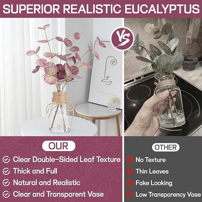 Artificial Eucalyptus Stems in Glass Vase with Faux Water, 15" Small Bathroom Greenery with Double-Sided Red Leaves, Farmhouse Office Decor, Realistic Fake Plant Wedding Centerpiece