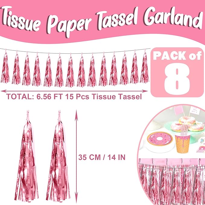 8P Light Pink Foil Fringe Metallic Tassel Streamers Banner Tassel Garland for Parade Floats, Bachelorette, Wedding, Birthday, Halloween, Christmas, Bridal/Baby Shower Party Decorations
