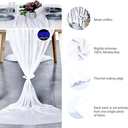 MDS 20 Pack 10ft Chiffon Table Runner 29 x 120 Inches Sheer Wedding Runner Romantic Rustic Table Runner for Wedding Decorations, Birthday Parties, Bridal Shower Party Arch Decor - White
