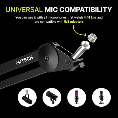 IXTECH Microphone Boom Arm Stand, Heavy Duty Adjustable Mic Stand with Cable Ties, Desk Mount Arm Stand for Gaming Streaming Podcasting.
