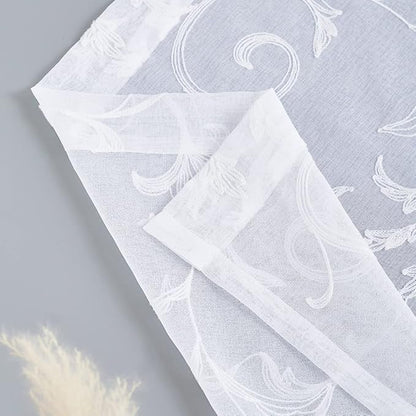 Sheer Curtains White 95 Inches Vintage Embroidered Floral, Window Treatments Rod Pocket Drapes for Living room, Bedroom, Semi Crinkle Voile Curtain Panels for Yard, Villa, Parlor, Set of 2, 52"x95".