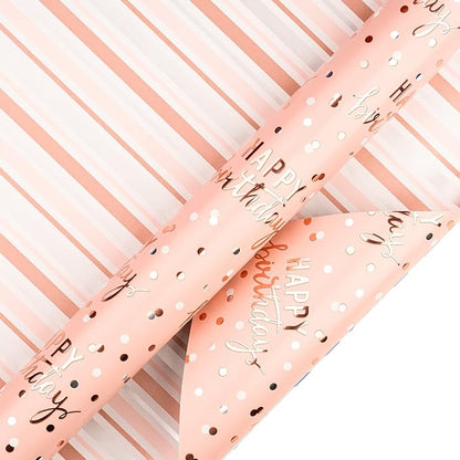 LeZakaa Reversible Pink Birthday Wrapping Paper Roll for Girls Women, Happy Birthday Lettering & Stripe Pattern with Metallic Foil in Pink, Mini Roll, 17 inches x 16.4 Feet
