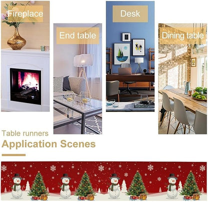 Christmas Table Runner,Snowman Rustic Red Snowflake Winter Table Cloth Kitchen Dining Table Decoration for Home Party Decor 13x90 Inch