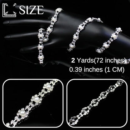 2 Yard Pearl Trim Chain Rhinestone Silver String Crystal Applique Fringe Ribbon Strips Beads Sewing Dress DIY Party Wedding Bouquet for Decoration Bridal Costume Embellishment