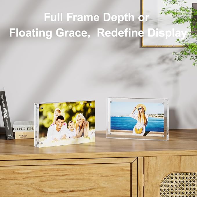 5 Pack 5x5 Acrylic Picture Frames - 20% Thicker Double Sided Magnetic Frame with UV Protection - Freestanding Clear Frameless Display for Tabletops - Modern Photo Frame Set for Home & Office Decor