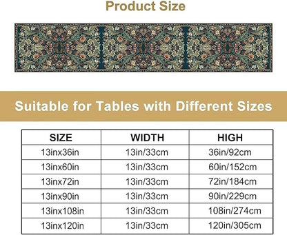 Green Morris Floral Table Runner, Boho Rustic Country Farmhouse Teal Red Rose Pattern for Home Kitchen Table Decor Dining Coffee Room Party Decor 13x60in