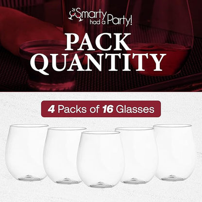 Smarty Had A Party 12 oz Clear Plastic Stemless Wine Glasses (64 Pieces) – Classy Disposable Stemless Cups, Unbreakable Drinkware – Plastic Spritz Glasses for Weddings & Parties; Wine Party Supplies