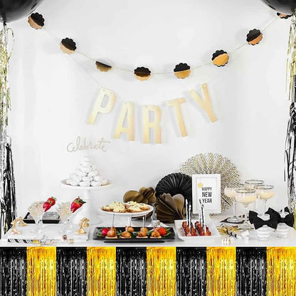 4 Pack 29x108 Inch Metallic Foil Fringe Tinsel Table Skirts for Rectangle Tables Streamer Backdrop for Wedding, Birthday, Parade Floats, Christmas, Halloween Party Decoration(Black Gold)