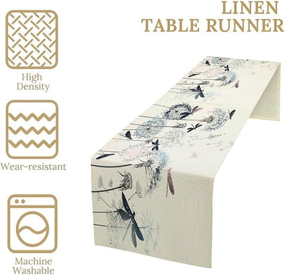Dandelion Table Runner,Nature Rustic Dragonfly Teal Blue Floral Pattern Print Burlap Tablecloth for Hotel Indoors Outdoor Dining Room Kitchen Table Decor, 13x108in