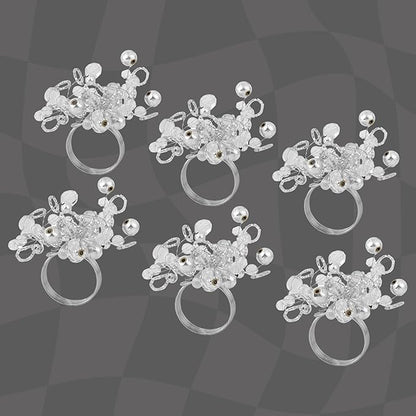 Decorative Napkin Ring Set of 12 - Handmade Glass Beads Napkin Holders for Table Setting Elegant Dining Accessory Round Heavy Duty Metal Frame Wedding & Party Table Décor (Silver) - CLEENTABLE